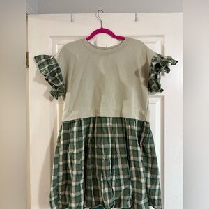 Green Plaid Ruffle Sleeve Dress NWOT